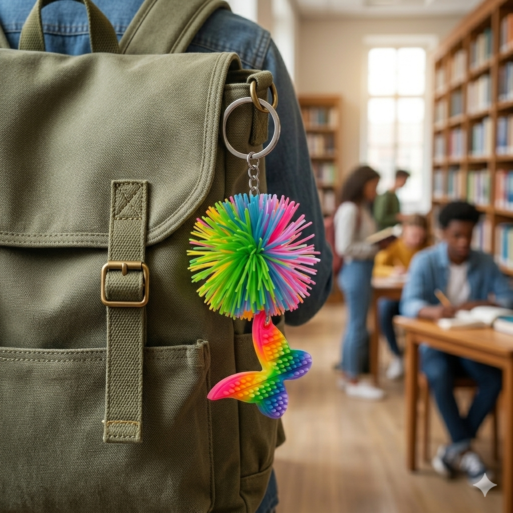 Rainbow Pom-Pom Butterfly Keychain | Vibrant Spiky Ball Bag Charm & Fidget Toy - K-ESSENCE