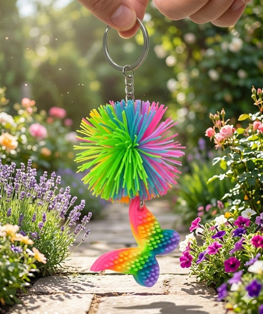 Rainbow Pom-Pom Butterfly Keychain | Vibrant Spiky Ball Bag Charm &amp; Fidget Toy - K-ESSENCE