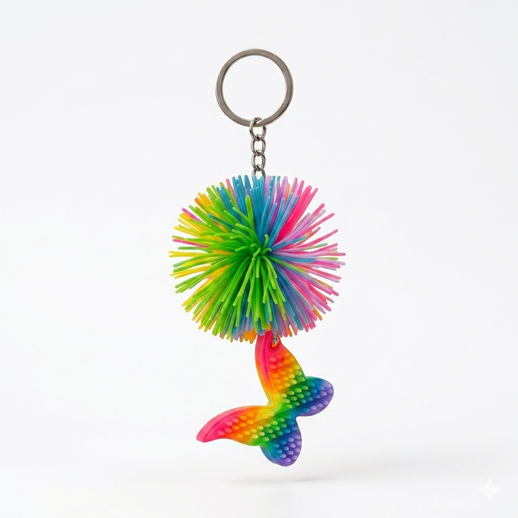 Rainbow Pom-Pom Butterfly Keychain | Vibrant Spiky Ball Bag Charm &amp; Fidget Toy - K-ESSENCE